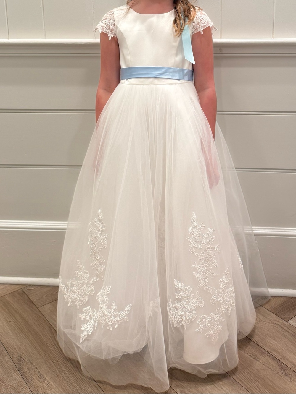 JJs House Flower Girl Gown with Light Blue Sash